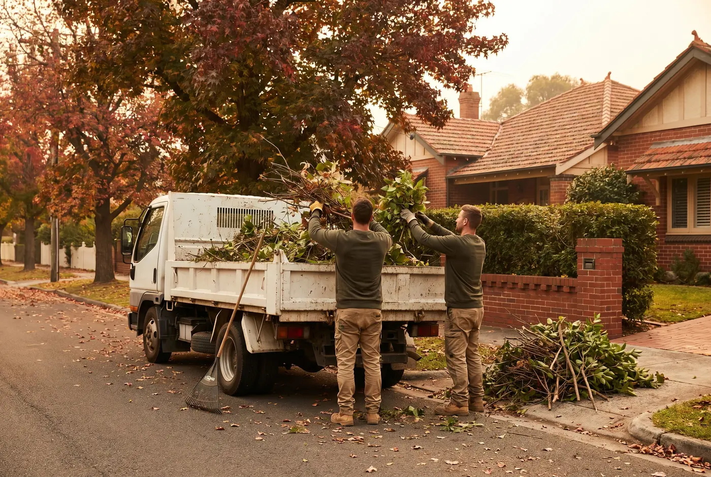 Two crew members loading hedge prunings into the tray of a tipper truck on a leafy Upper North Shore street