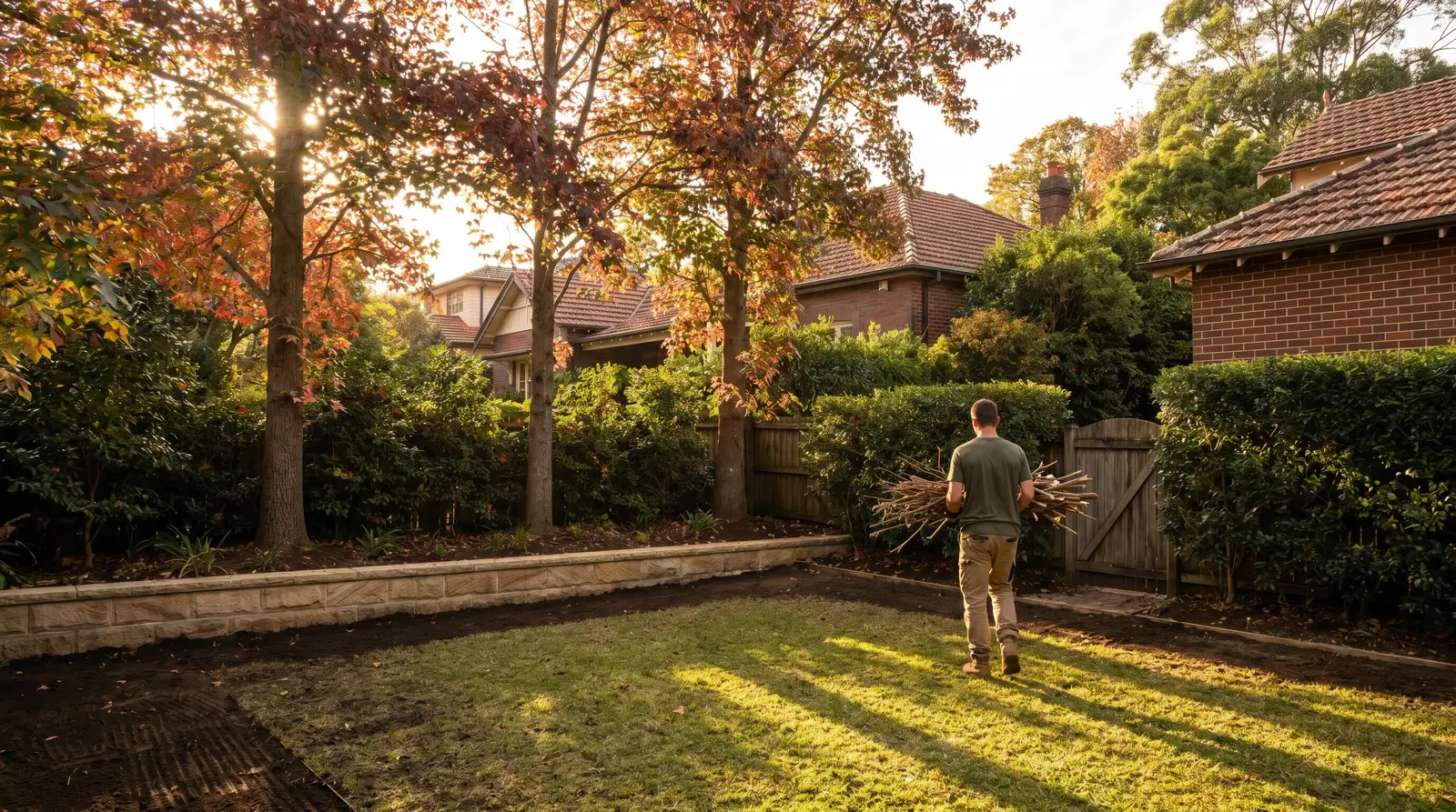 A freshly cleared and raked back corner of a large Upper North Shore garden, low golden light on the lawn, a crew member carrying a bundle of prunings toward the side gate